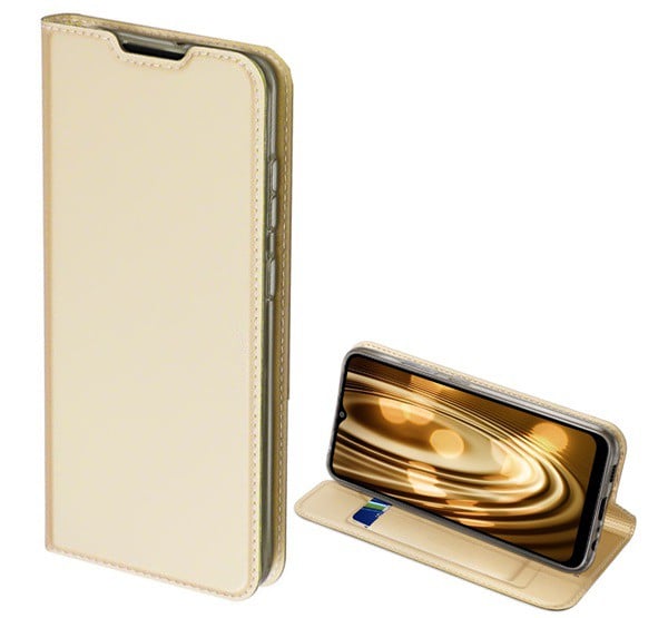 DUX DUCIS SKIN PRO tok álló, bőr hatású (FLIP, oldalra nyíló, bankkártya tartó, asztali tartó funkció) ARANY [Samsung Galaxy A02s ...