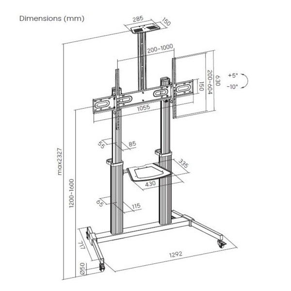 Equip 650631  60"-100" álló  dönthető  állítható magasság gurulós Max.:100kg  TV állvány Fekete-ezüst 