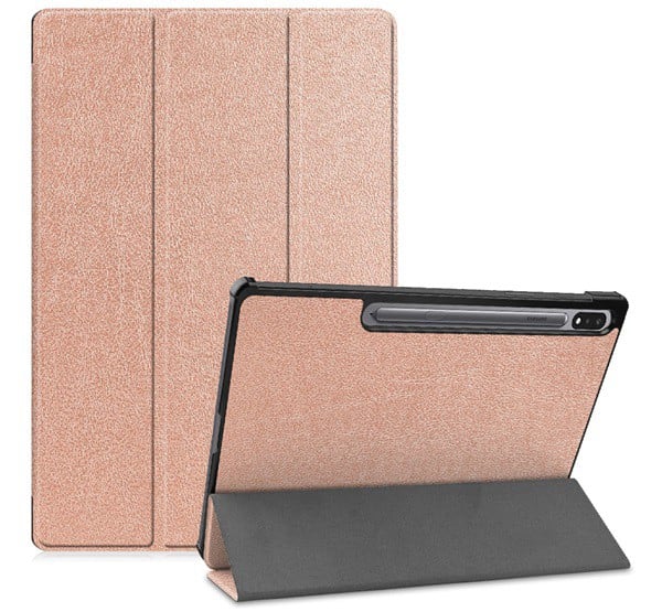 Tok álló, bőr hatású (aktív FLIP, oldalra nyíló, TRIFOLD asztali tartó funkció, S Pen tartó) ROZÉARANY [Samsung Galaxy Tab S7 FE 5G ...