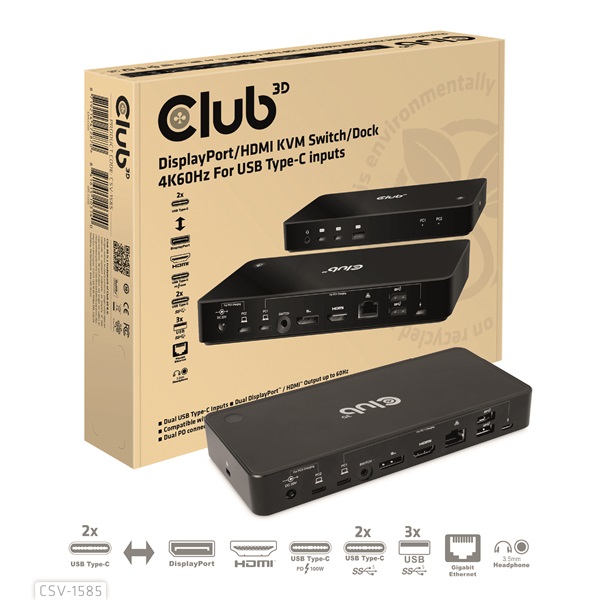 Club3D CSV-1585 DisplayPort/HDMI KVM  Dokkoló Fekete