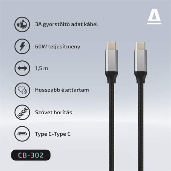  AVAX CB302G STEELY Type C-Type C 60W  1,5m 3A gyorstöltő  kábel  acélszürke