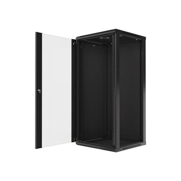 Lanberg WF01-6627-10B 19" 27U SZÉL:600 MÉLY:600 MAG:1307 lapraszerelt üvegajtós fekete fali rack szekrény