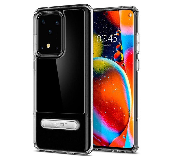 SPIGEN SLIM ARMOR ESENTIAL S szilikon telefonvédő (közepesen ütésálló, műanyag hátlap, kitámasztó) ÁTLÁTSZÓ [Samsung Galaxy S20 Ultra ...