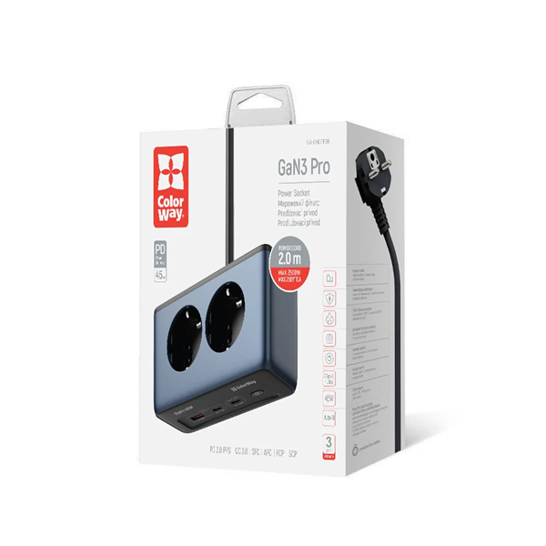 COLORWAY Hálózati és USB elosztó, 2 dugalj, 2x220V/1xUSB-A/2xUSB-C (GaN45W)