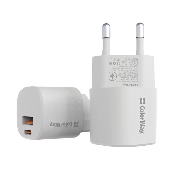 COLORWAY CW-CHS043PD-WT GaN3 Power Delivery Port PPS USB (Type-C PD + USB QC3.0) (33W) USB töltő adapter Fehér COLORWAY CW-CHS043PD-WT GaN3 Power Delivery Port PPS USB (Type-C PD + USB QC3.0) (33W) USB töltő adapter Fehér