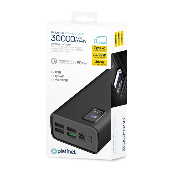 Platinet PMPB30WQC728B 30000mAh Power Bank fekete