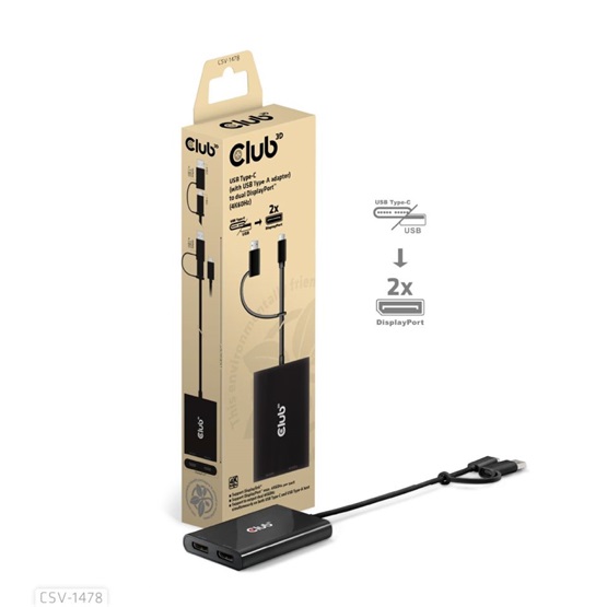 ADA Club3D USB Type-C (with USB Type-A adapter) to dual DisplayPort™(4K60Hz) Video Splitter ADA Club3D USB Type-C (with USB Type-A adapter) to dual DisplayPort™(4K60Hz) Video Splitter