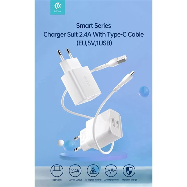 Devia ST364037 2xUSB 2,1A fehér hálózati töltő adapter + USB - Type-C 1m kábel Devia ST364037 2xUSB 2,1A fehér hálózati töltő adapter + USB - Type-C 1m kábel