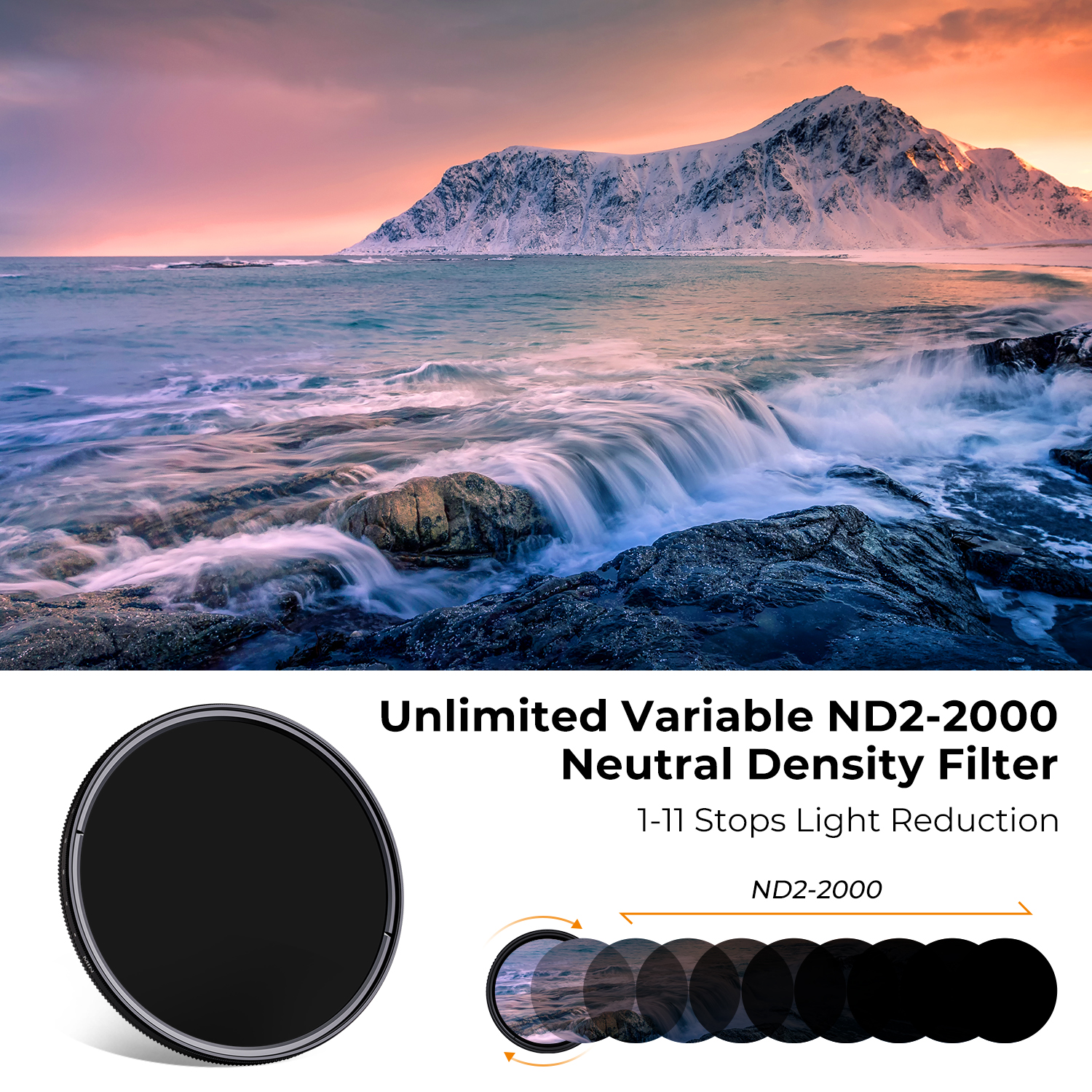 K&F Concept C Series Ultra-thin, VARIO ND 2-2000 változtatható szürkeszűrő, 62mm