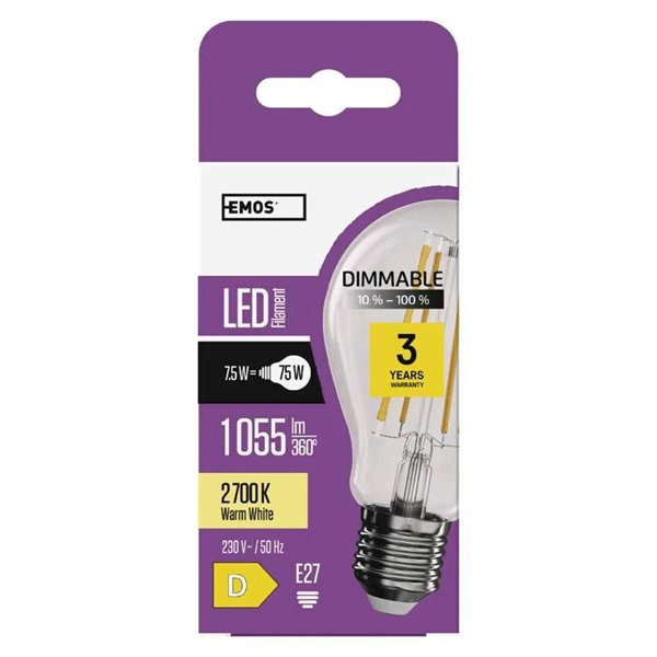 Emos ZF5154D E27/7,5W (75W)/1 055 lm/meleg fehér/dimmelhető Filament A60 LED izzó Emos ZF5154D E27/7,5W (75W)/1 055 lm/meleg fehér/dimmelhető Filament A60 LED izzó