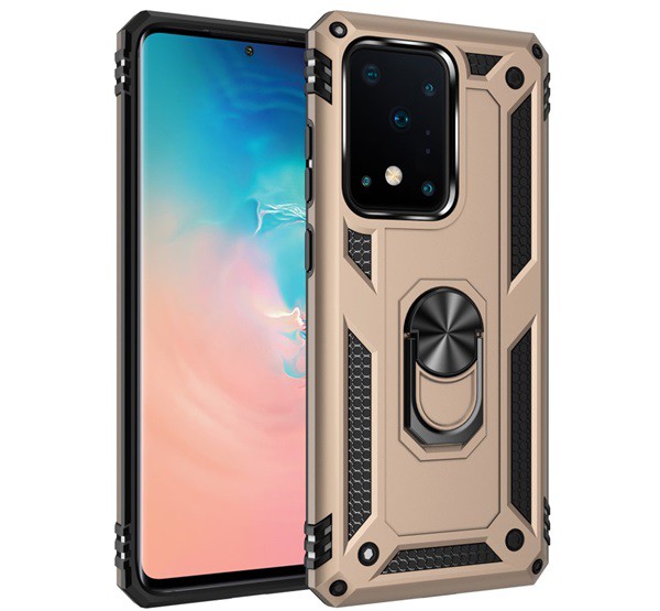 Defender műanyag telefonvédő (közepesen ütésálló, szilikon belső, telefontartó gyűrű, beépített fémlemez) ARANY [Samsung Galaxy S20 ...