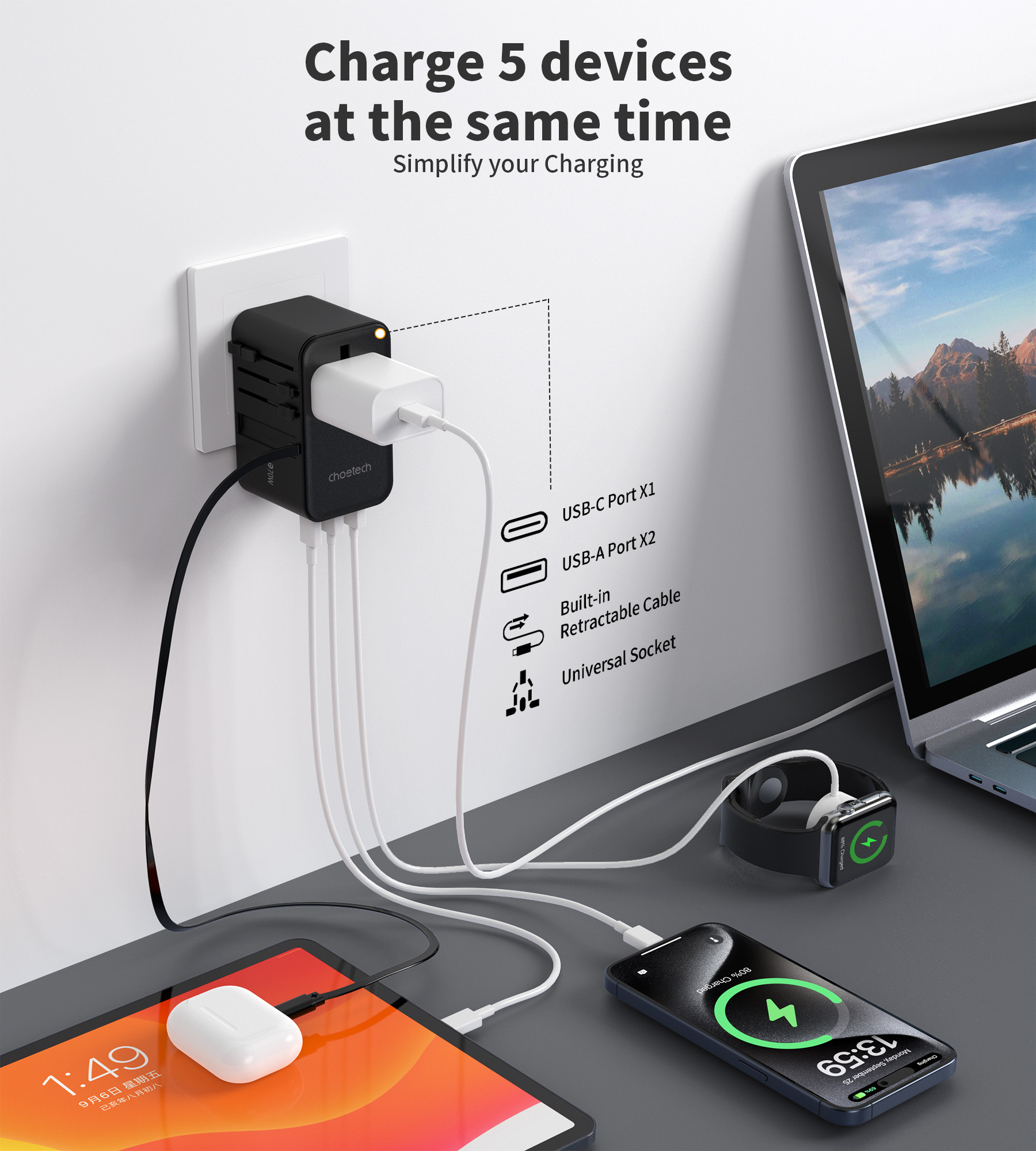 Choetech USB-C*2+USB-A*2  70W travel USB-C kábellel  US,UK,EU,AU töltő Fekete 