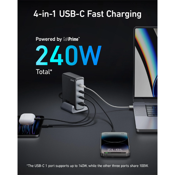 ANKER   A2342311 4 portos 240W 3xUSB-C USB-A  EU Hálózati Töltő Fekete   