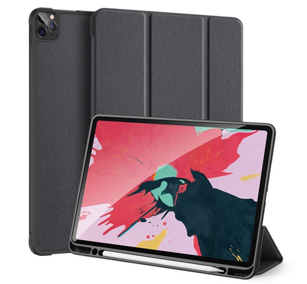 DUX DUCIS DOMO tok álló, bőr hatású (aktív FLIP, oldalra nyíló, TRIFOLD Apple pencil tartó, textil minta) FEKETE [Apple IPAD Air 2022]