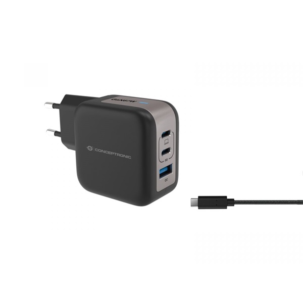 Conceptronic telefon töltő adapter+kábel ALTHEA17B  2xUSB-C+USB-A 67W  USB-C töltő kábel Fekete