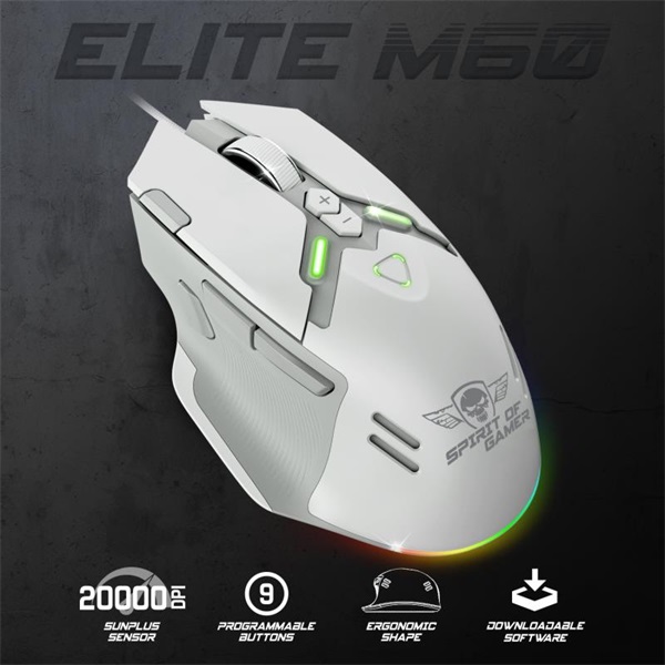 Spirit of Gamer   ELITE-M60 White Optikai 20000 DPI 1000Hz 9 programozható gomb RGB vezetékes Egér Fehér