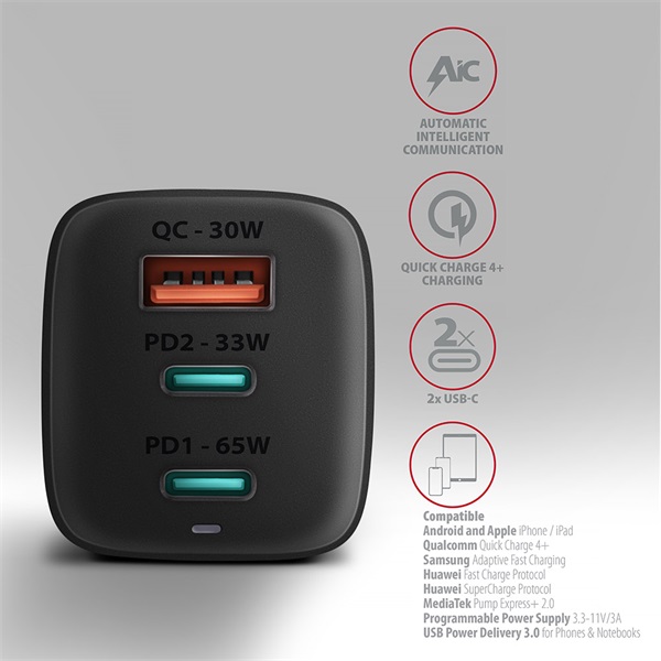Axagon ACU-DPQ65 QC4 + USB-C PD hálózati töltő fekete
