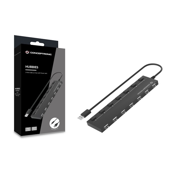Conceptronic HUBBIES08B 7 Port USB-A to 7xUSB 2.0 USB táp USB Hub Fekete Conceptronic HUBBIES08B 7 Port USB-A to 7xUSB 2.0 USB táp USB Hub Fekete