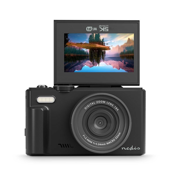 Nedis PCAM2570BK vlogger digitális fényképezőgép / kamera, kihajtható képernyő, 75 MPixel, 5K@15fps, 16 MPixeles CMOS
