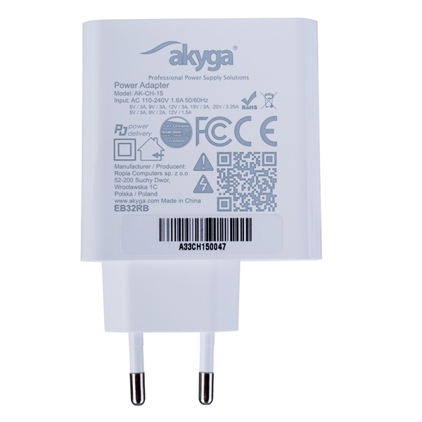 Akyga USB-A+USB-C PD 5 3.25A 65W Quick Charge 3.0 hálózati töltő (AK-CH-15)