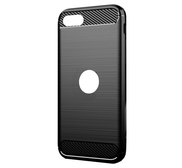 Szilikon telefonvédő (közepesen ütésálló, légpárnás sarok, szálcsiszolt, karbon minta, logo kivágás) FEKETE [Apple iPhone SE 3 (2022)]