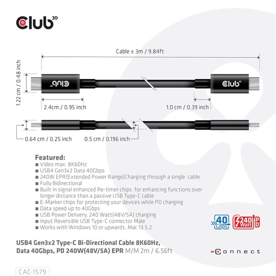  Club3D USB4 Gen3x2 Type-C Bi-Directional     PD 240W(48V/5A) EPR M/M 3m kábel