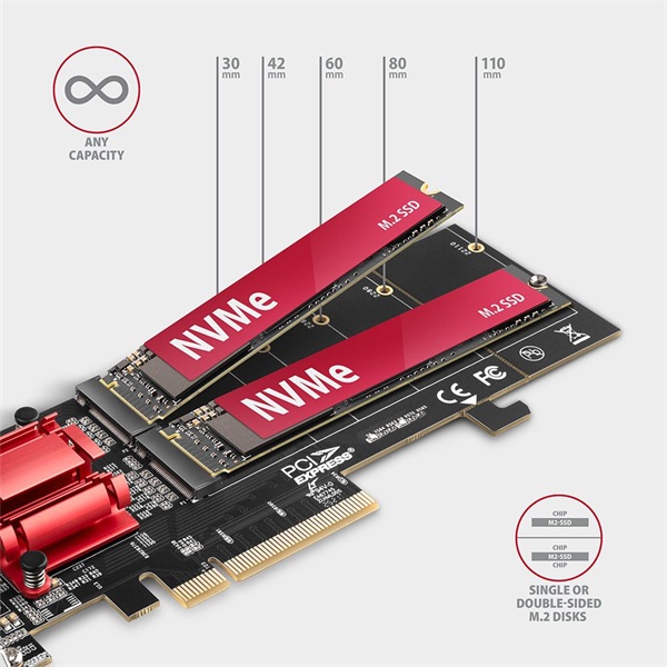 Axagon 2x M.2 NVMe bővítő kártya PCIe (PCEM2-ND)