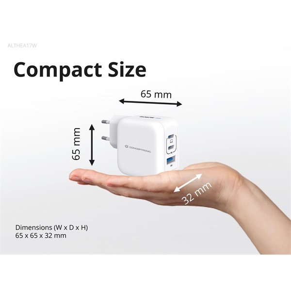 Conceptronic  ALTHEA17W 2xUSB-C+USB-A 67W  USB-C töltő kábel telefon töltő adapter+kábel Fehér