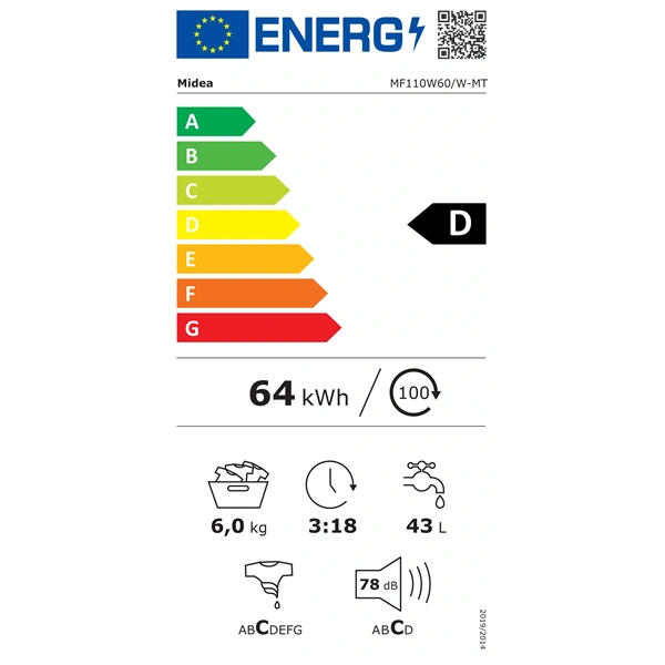 Midea MF110W60/W-HR Elöltöltős mosógép Fehér - 6 kg, 1000 ford./perc, D Energiaosztály