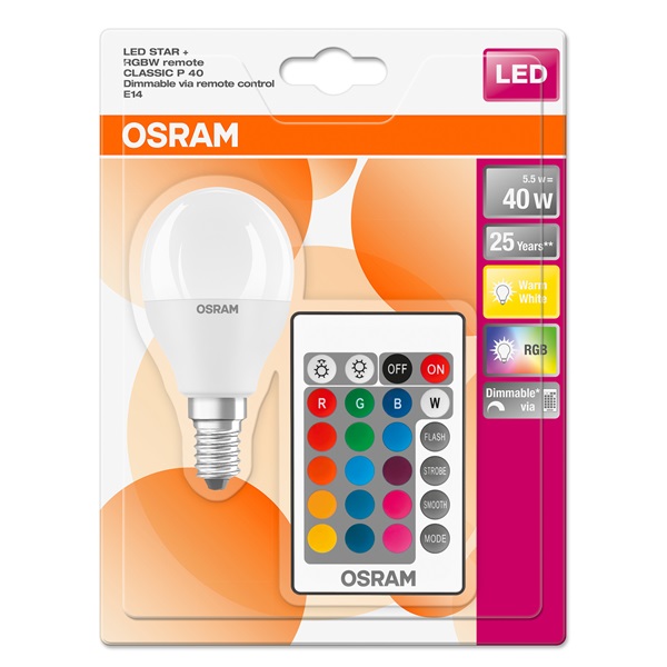 Osram Star+ RGBW/matt búra/5,5W/470lm/2700K/E14 távirányítható LED kisgömb izzó Osram Star+ RGBW/matt búra/5,5W/470lm/2700K/E14 távirányítható LED kisgömb izzó