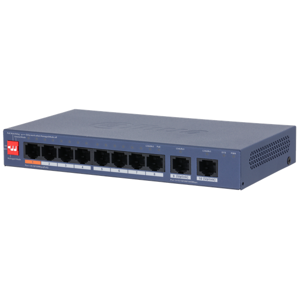 Dahua  CS4010-8ET2GT-60  Cloud menedzsment  8x 10/100 Mbps PoE + 2x 1Gbps port  60W switch PoE