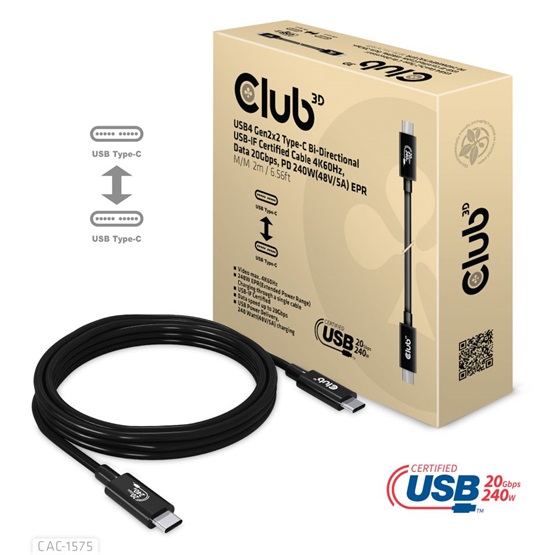 Club3D USB4 Gen2x2 Type-C Bi-Directional USB-IF Certified 4K60Hz Data 20Gbps PD 240W(48V/5A) EPR kábel Club3D USB4 Gen2x2 Type-C Bi-Directional USB-IF Certified 4K60Hz Data 20Gbps PD 240W(48V/5A) EPR kábel