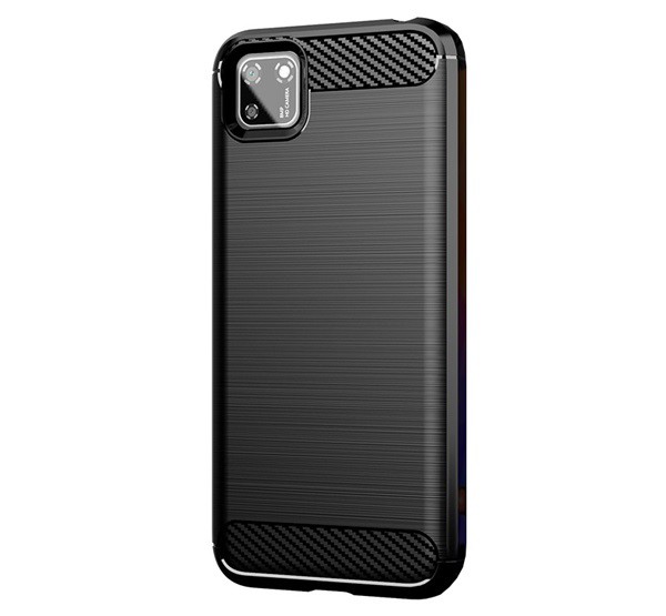 Szilikon telefonvédő (közepesen ütésálló, légpárnás sarok, szálcsiszolt, karbon minta) FEKETE [Honor 9S]