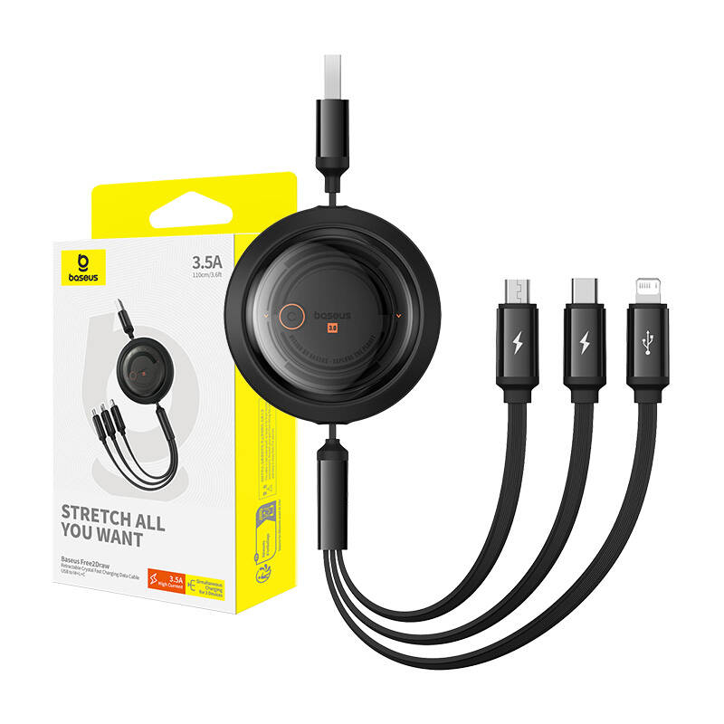 Baseus Free2Draw USB micro USB+USB-C+Lightning, 3.5A 1.1m Gyors töltőkábel 3in1 Fekete 