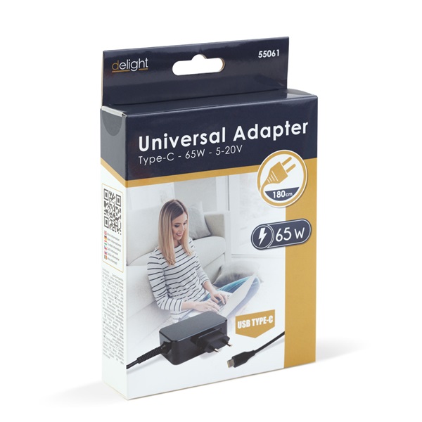 Delight 55061 Type-C (USB-C) 65W DC 5-20V  1,8 m adapter Fekete