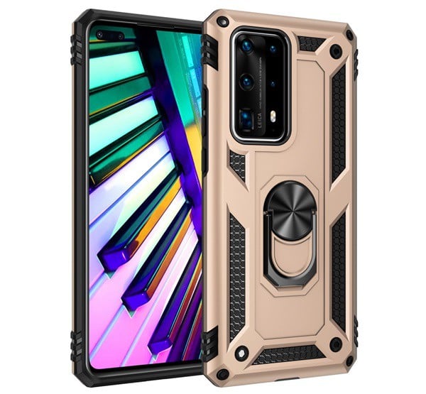 Defender műanyag telefonvédő (közepesen ütésálló, szilikon belső, telefontartó gyűrű, beépített fémlemez) ARANY [Huawei P40]