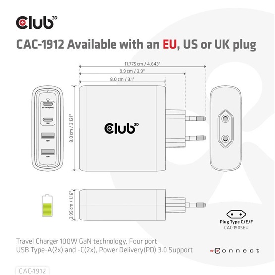  Club3D USB-C Power Adapter 100W EU   Hálózati töltő