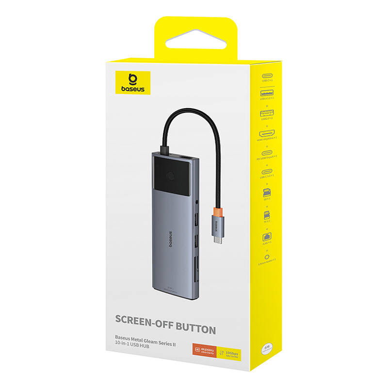 Hub 10in1 Baseus Metal Gleam II Series, USB-C to 1xHDMI, USB-A (10Gbps), USC-C, 2xUSB-A, Ethernet RJ45, SD/TF card, mini-jack 3,5mm, USB-C(PD)