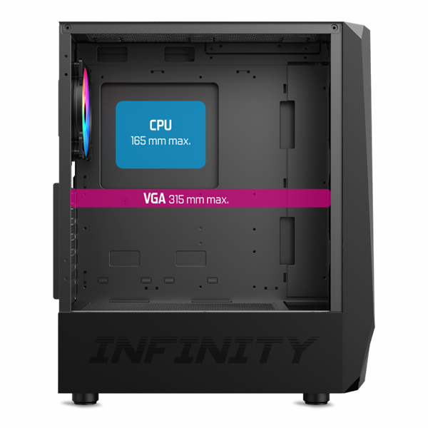 Spirit of Gamer Számítógépház - INFINITY Black (fekete, ablakos, 8x12cm ventilátor, alsó táp,  ATX, 1xUSB3.0, 2xUSB2.0)