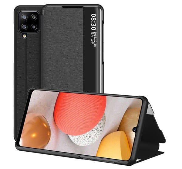 Tok álló, bőr hatású (aktív FLIP, oldalra nyíló, asztali tartó funkció, hívószámkijelzés, View Window) FEKETE [Samsung Galaxy A42 5G ...
