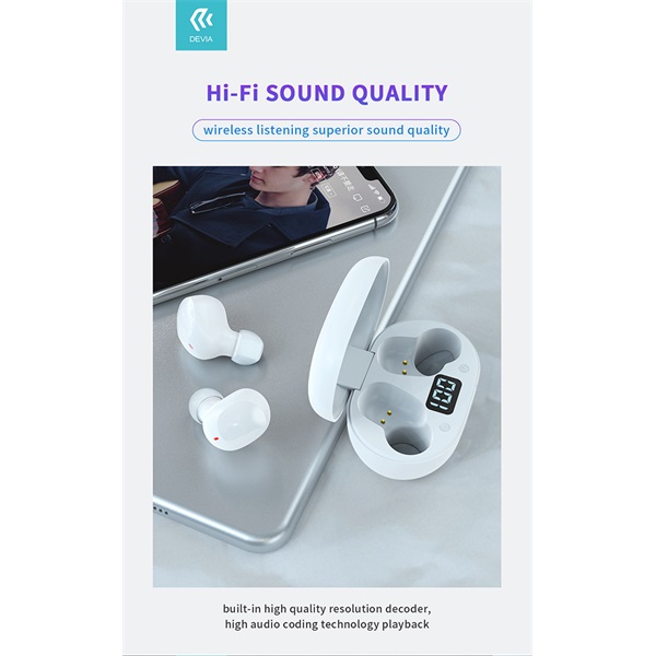 Devia ST351013 Bluetooth v5.0 Joy A6 Series TWS with Charging Case - fehér sztereó headset Devia ST351013 Bluetooth v5.0 Joy A6 Series TWS with Charging Case - fehér sztereó headset