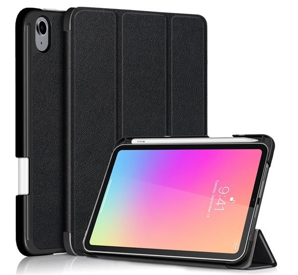 Tok álló, bőr hatású (aktív FLIP, oldalra nyíló, TRIFOLD asztali tartó funkció) FEKETE [Apple IPAD mini 6 (2021)]