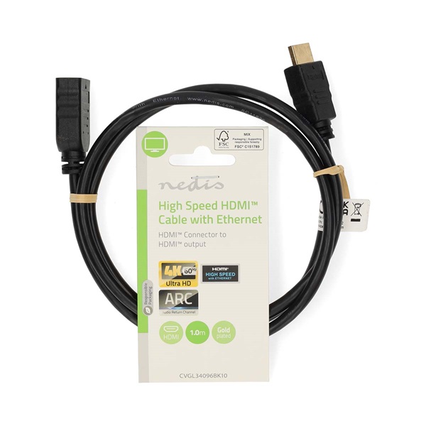 Nedis CVGL34096BK10 ultra HD HDMI hosszabbító (toldó) kábel HDMI dugó - aljzat  4K@60Hz  ARC  10,2 Gbps  1 m