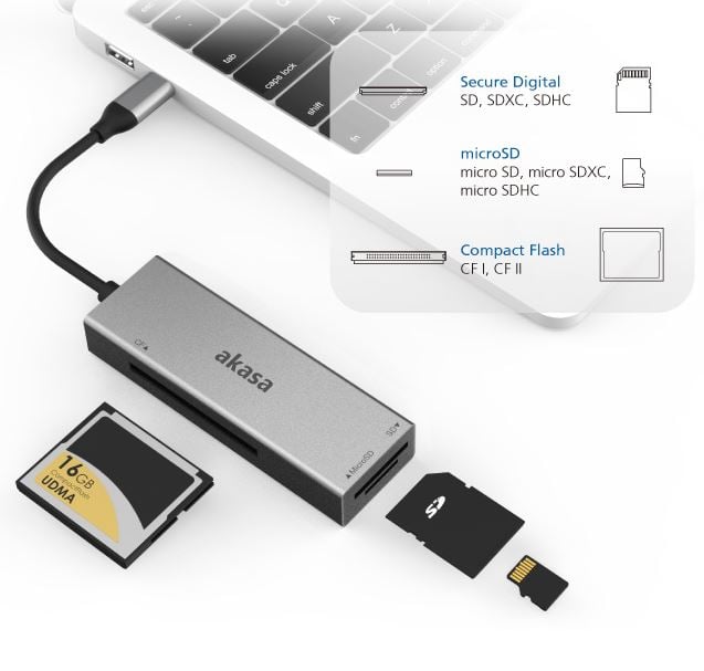 Akasa AK-CR-09BK 3 az 1-ben USB-C kártyaolvasó ezüst