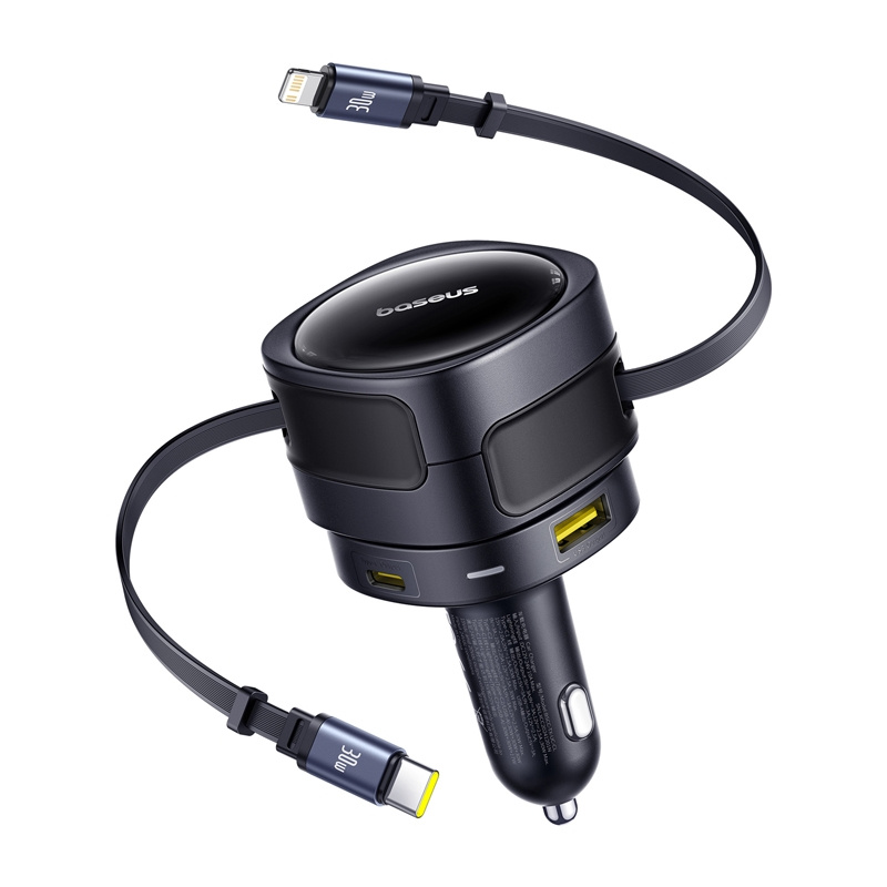 Baseus Enjoyment Max autós töltő USB-C + villámkábellel és USB-A + USB-C portokkal 90W Fekete