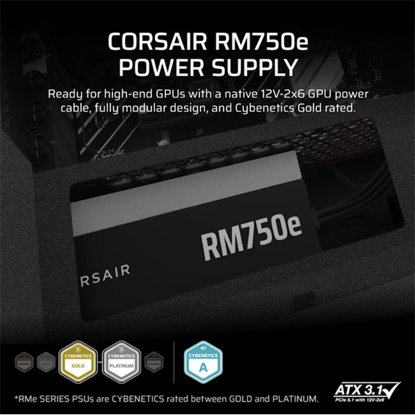 CORSAIR Moduláris RM750e 750W 12cm ATX 3.1 PCIe 5.1 BOX Cybenetics Gold Tápegység