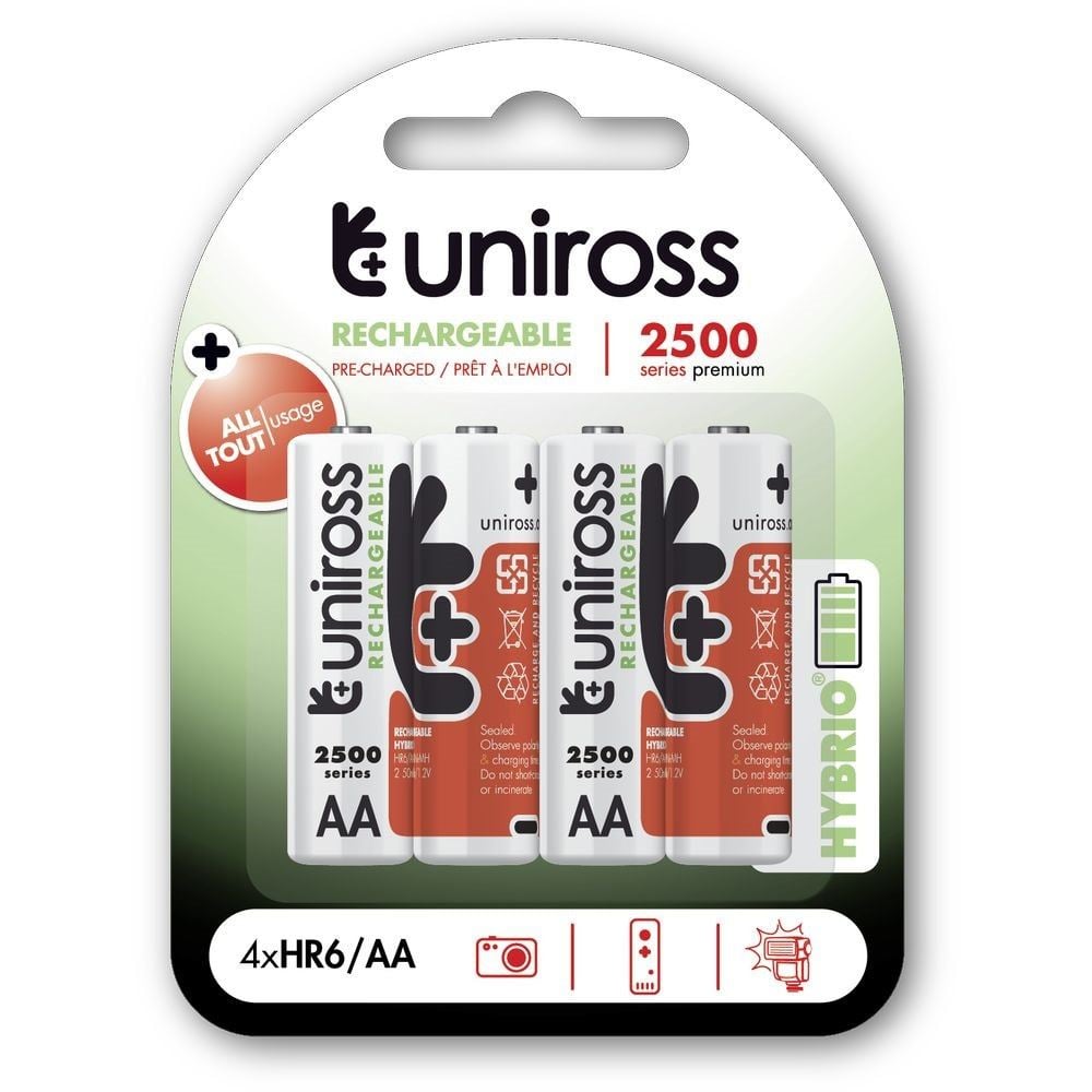 Uniross AA/ceruza 1,2V 2500mAh Ni-MH HYBRIO akkumulátor 4db/bliszter (UH4AA2500) Uniross AA/ceruza 1,2V 2500mAh Ni-MH HYBRIO akkumulátor 4db/bliszter (UH4AA2500)