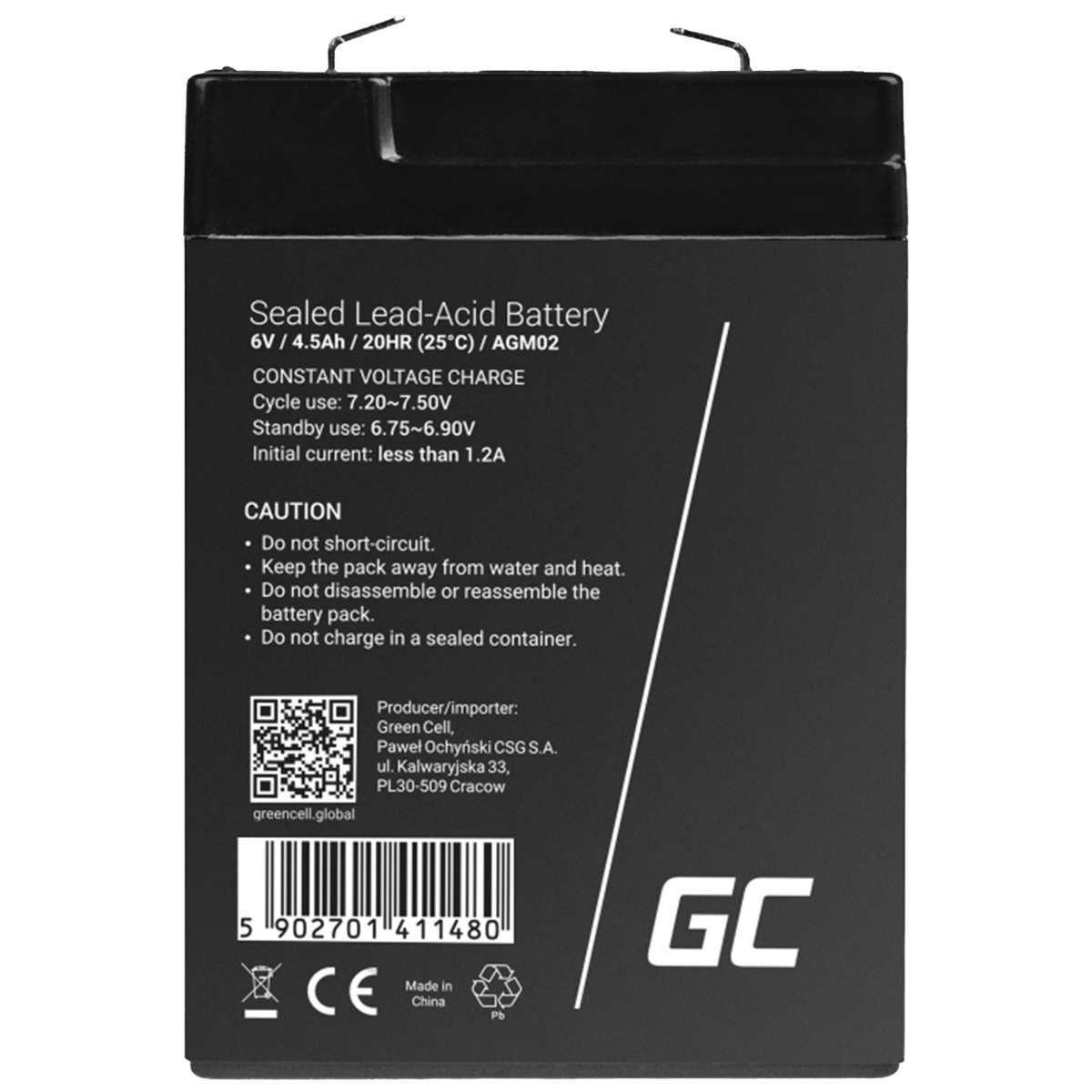 Maintenance-free AGM VRLA Battery Green Cell AGM02 6V 4.5Ah (for alarm system, cash register, toy)
