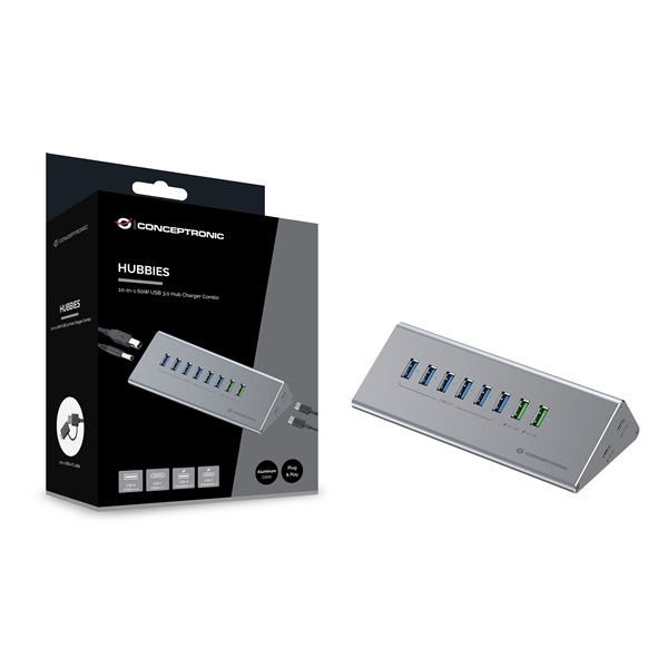 Conceptronic HUBBIES18G 10 port USB-A/C to 2x USB-C+8x USB-A külső táp  USB Hub Szürke