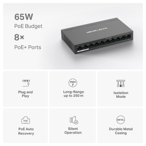Mercusys MS110P 10-Port 10/100Mbps Desktop Switch + 8-Port PoE+ Mercusys MS110P 10-Port 10/100Mbps Desktop Switch + 8-Port PoE+